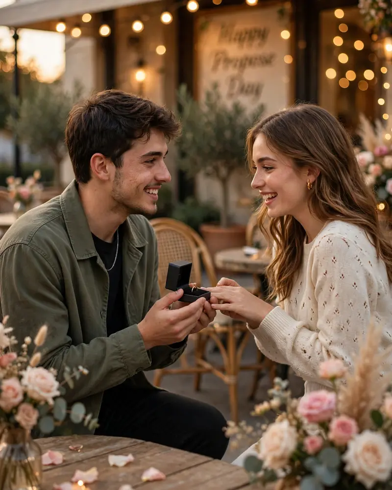 Ultra-realistic romantic Propose Day (Valentine's Week) couple portrait, dreamy romantic indoor café or elegant outdoor golden-hour setting, warm