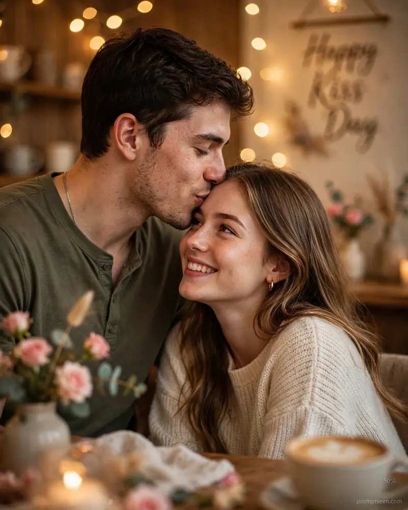 Ultra-realistic romantic Kiss Day (Valentine's Week) couple portrait, intimate cozy indoor café or romantic lifestyle setting with warm golden