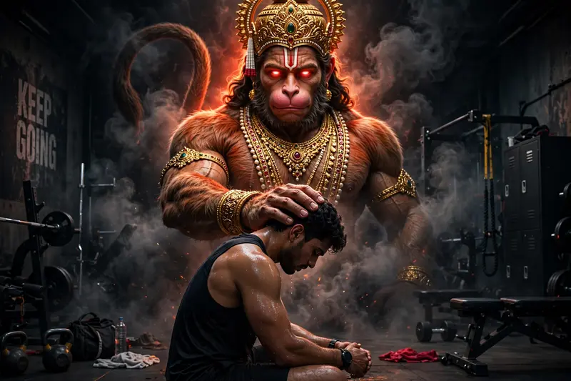 Create a highly dramatic and cinematic Person Behind him, generate a massive, divine, Hanuman ji with glowing red eyes and detailed golden jewellery