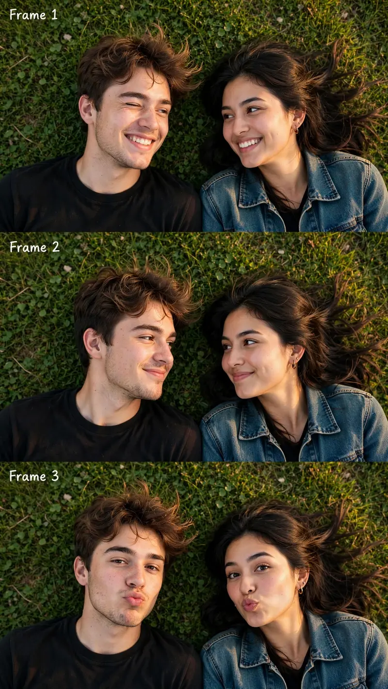 Ultra-realistic selfie photo of a couple with faces 100% identical to the uploaded reference photo, lying side by side on fresh green grass, captured
