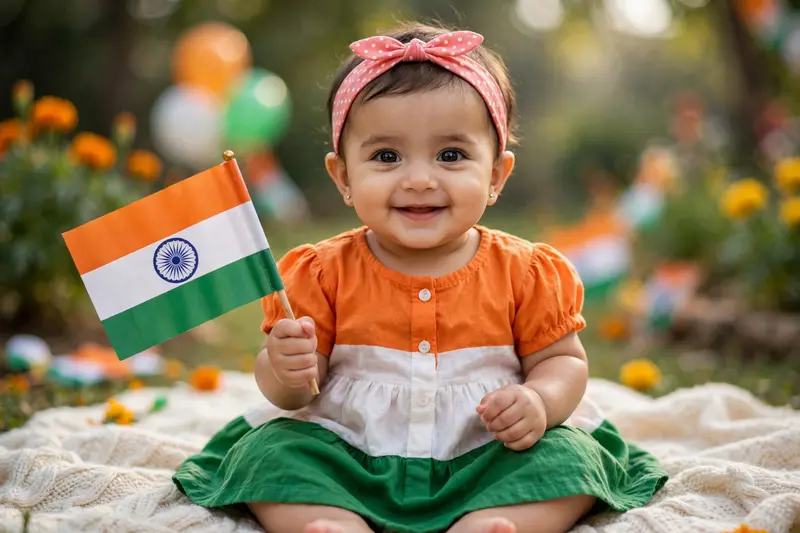 A realistic, high-quality photograph of an Indian baby girl (Face exactly same as reference image) sitting on a soft blanket, wearing a tricolor