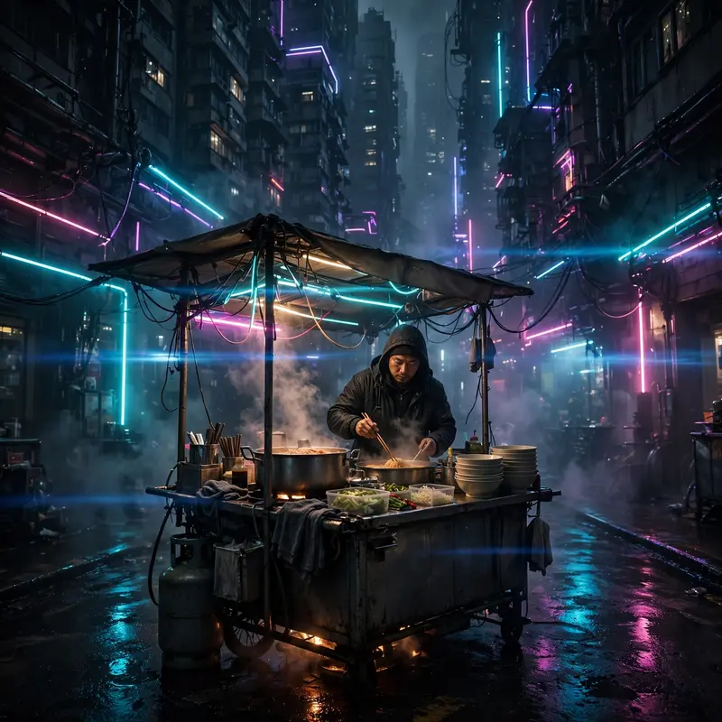 Cinematic frame of a noodle vendor under flickering neon signs, rendered in cinematic cyberpunk realism amid towering megacity blocks. Low-key