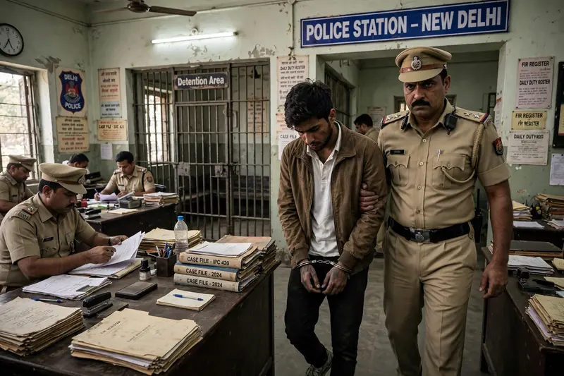 A cinematic, ultra-realistic scene inside an Indian police station in New Delhi. A young man in handcuffs is being escorted by a stern Indian police