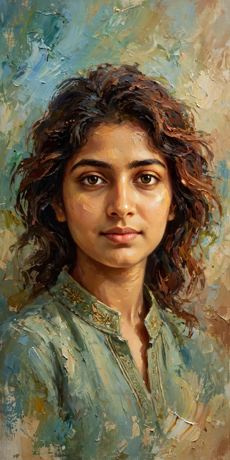 Heavily textured oil painting on canvas, with soft diffused lighting and a bright atmosphere. Background painted with loose, visible impasto