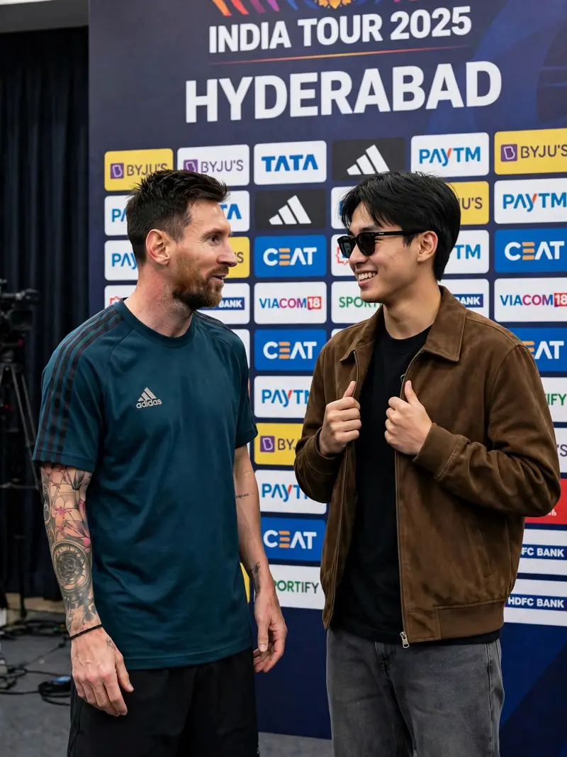 A hyper-realistic, candid press photograph capturing Lionel Messi and the young man from image_10.png together on a stage. On the left, Lionel Messi