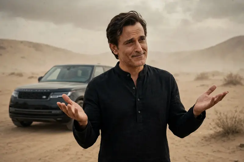 A stylish man standing confidently in a desert landscape wearing an all black kurta and little bit smile on his face his hands position like what