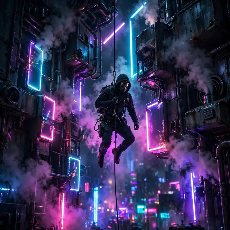 blade-runner-inspired cinematic style depiction of a corporate spy rappelling down a megatower, caught between flickering signs and steam vents