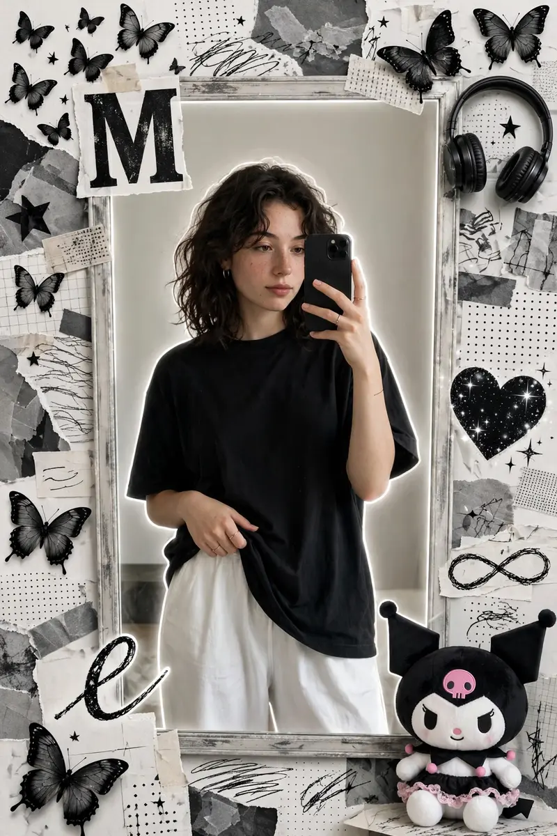 "A young girl with a realistic face taking a mirror selfie, wearing a black loose shirt and white pants, holding the shirt casually with one hand
