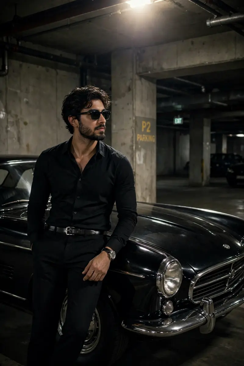 "A stylish young man with dark, slightly wavy hair and a well-groomed beard, wearing a black long-sleeved shirt unbuttoned at the collar, black