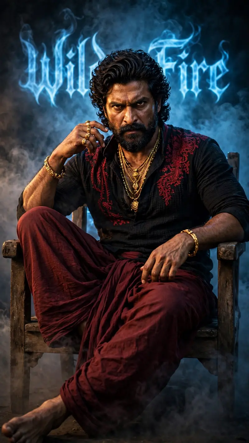 Ultra-realistic cinematic portrait of a rugged, intense man (face and hairstyle will same as uploaded picture) sitting confidently on a rustic wooden