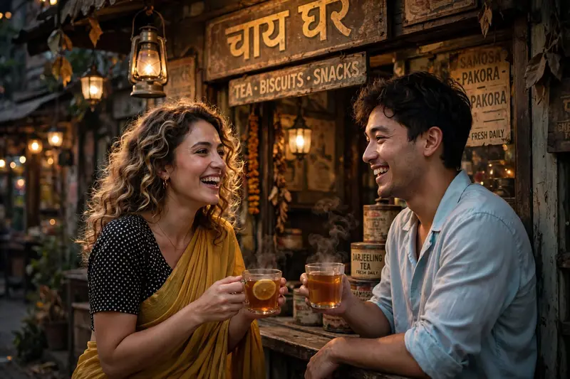 New couple Photo prompts is hereAn intimate editorial-style shot of a couple outside a vintage tea shop with old signboards and dim lantern lights