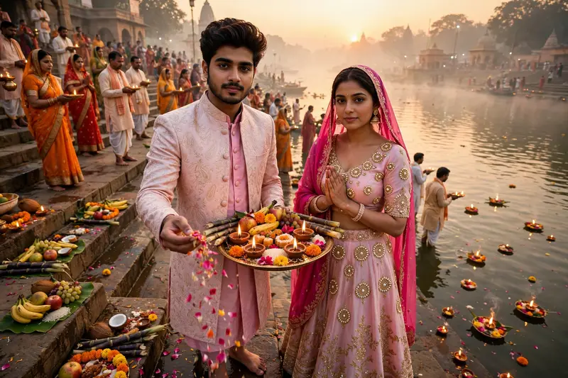 A serene Chhath Puja scene at sunrise at the steps (ghats) of the Ganga river, with visible traditional stone steps (sidhiyon wali ghats) leading