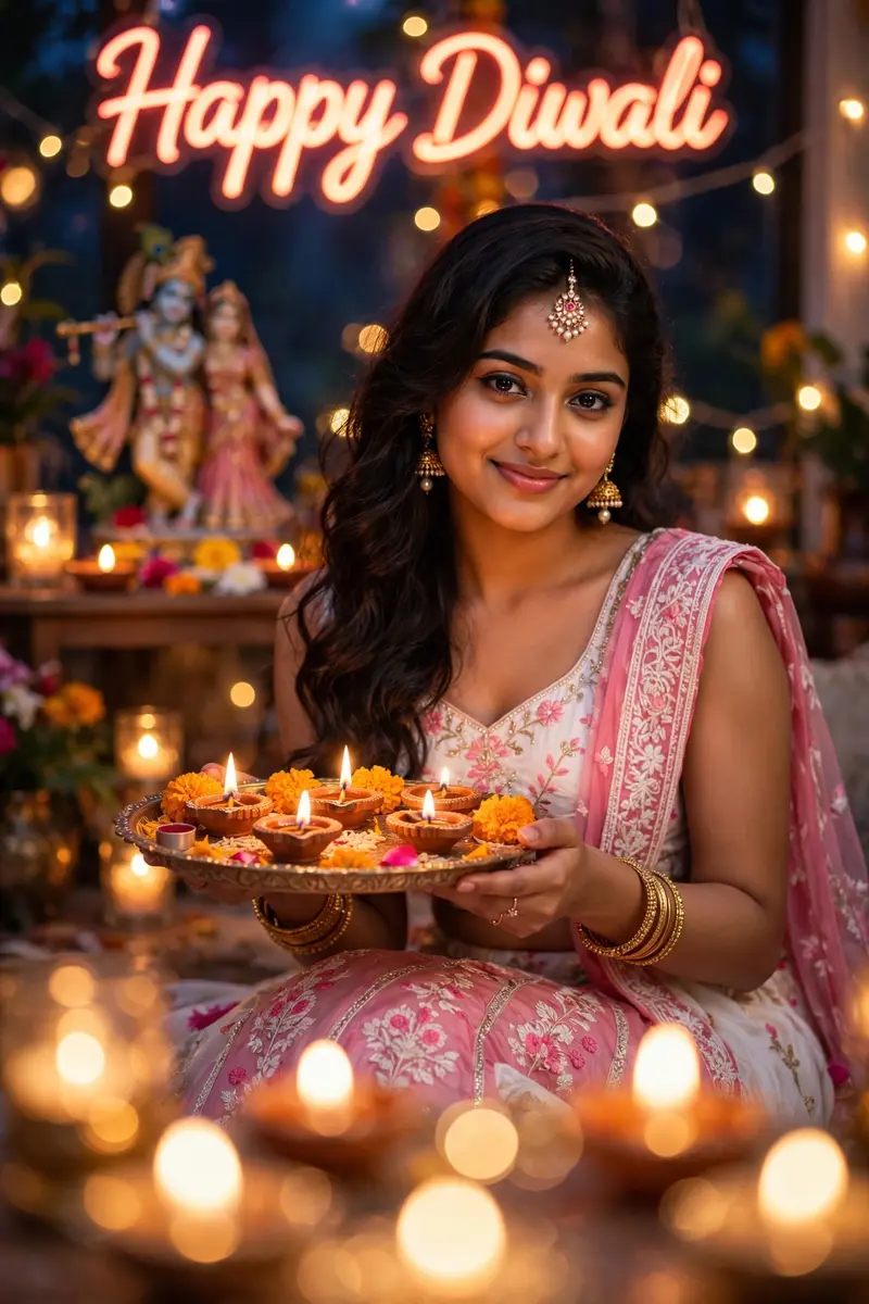 A beautiful young Indian woman wearing a white and pink lehenga, sitting gracefully, holding a decorated brass thali filled with lit diyas in both