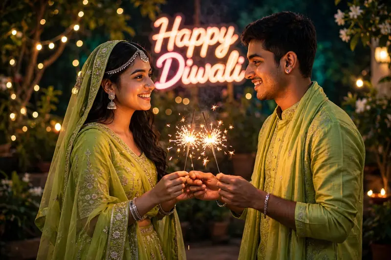 Upload this image one or two" face matching 100%. quality is . ' Young Indian man and woman in lime-green lehenga and dupatta, hands lingering for a