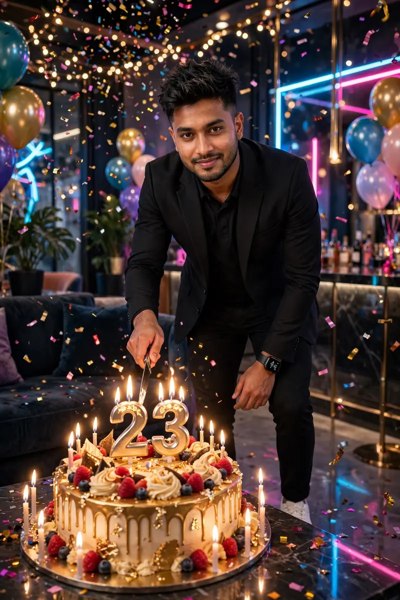 Ultra-realistic cinematic full-body portrait of a 23-year-old Bangladeshi man standing confidently in a modern, stylish lounge, leaning slightly