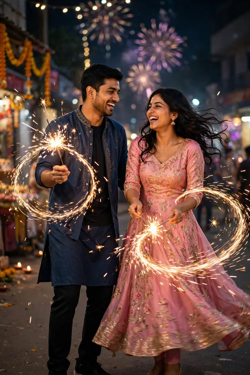 A dynamic, ultra-realistic cinematic full-body portrait of a handsome young Indian man and his joyful girlfriend, both holding sparklers (fuljhadi)