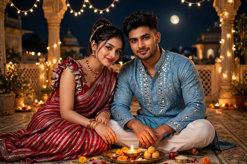 Ultra hyper-realistic DSLR cinematic half-body portrait of a 20-year-old slim-fit Indian couple on a luxurious royal terrace at night, celebrating
