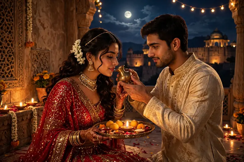 A high-quality, cinematic shot of a young, stylish Indian couple celebrating Karwa Chauth on a luxurious, royal-looking terrace at night. The woman