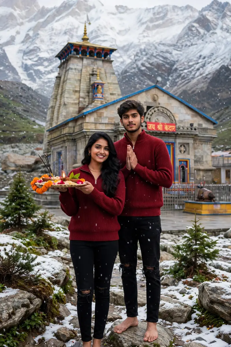 Ultra-realistic, high-fashion full-body portrait of a stylish young man standing barefoot outdoors in front of Kedarnath Mandir, with hands folded in