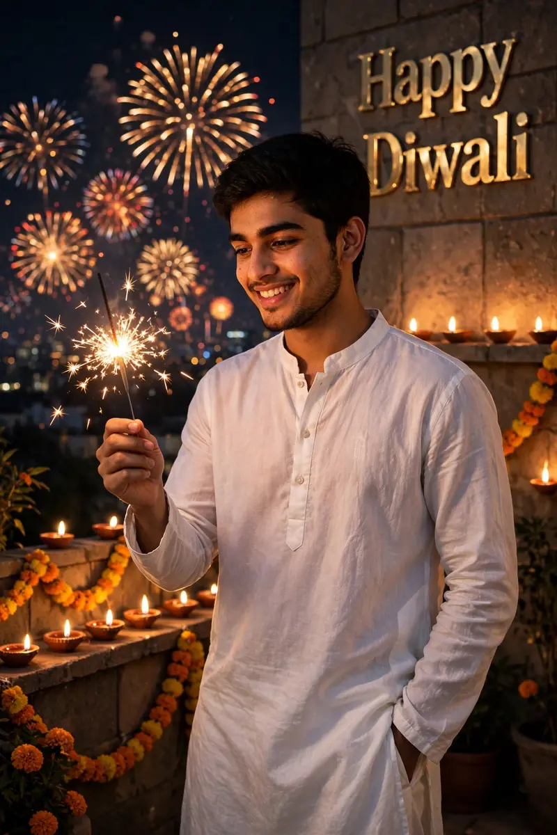 Ultra realistic cinematic portrait of the same young man, face exactly like the reference photo. He is standing on a terrace at Diwali night, wearing