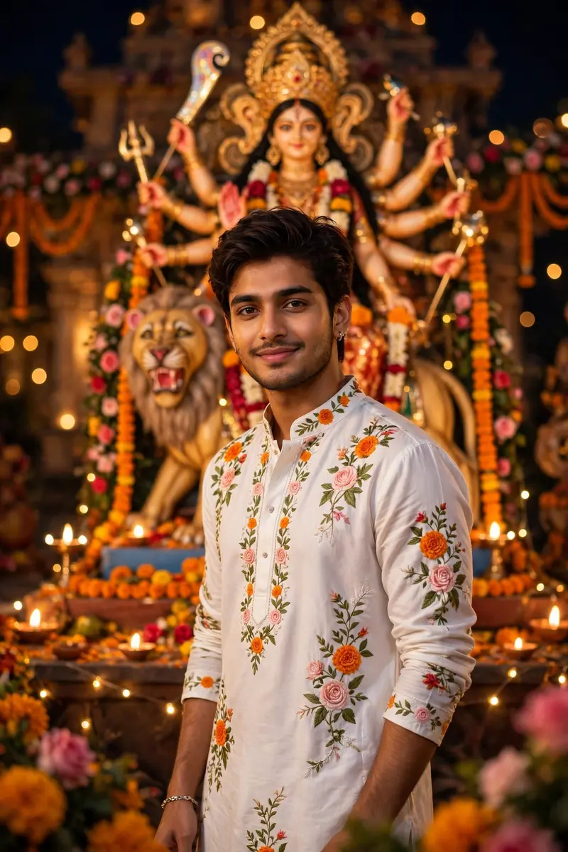 "Creat a-realistic, image with soft blur backgroundand vibrant festive decorations like marigold androses. Night scene with warm lighting