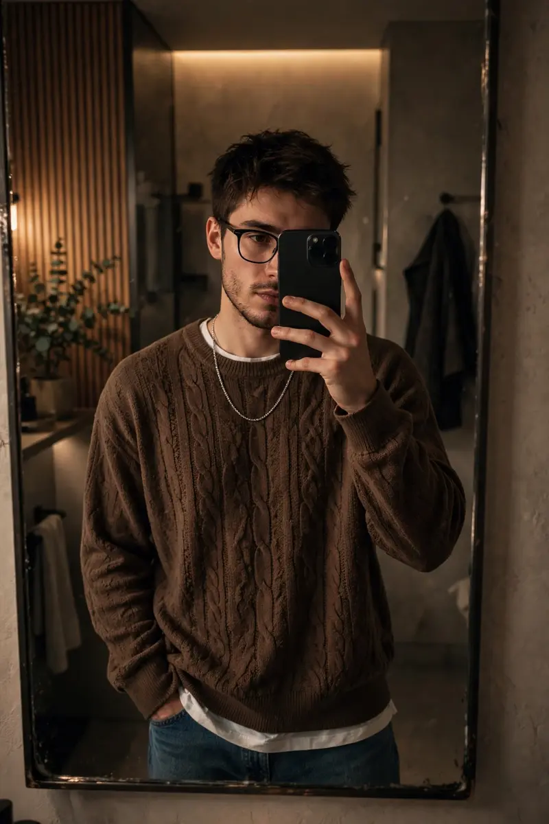 Ultra-realistic mirror selfie of a stylish man 22 years oldwith glasses. He is wearing a loose brown sweater layered over a crisp white T-shirt