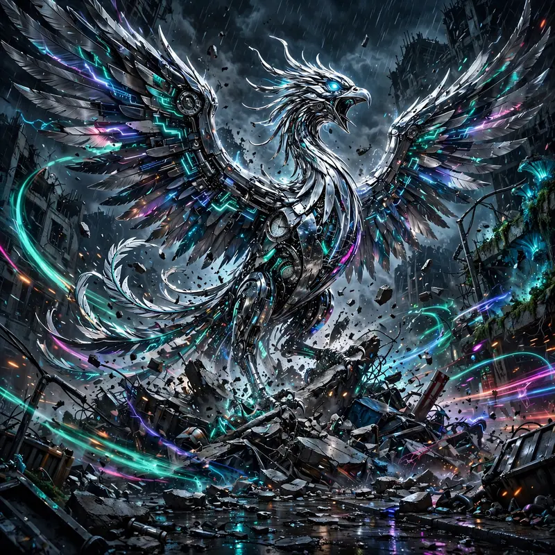 High-octane dark tech-noir illustration artwork of a chrome phoenix bursting from wreckage, motion frozen amid the storm. Bioluminescent accent