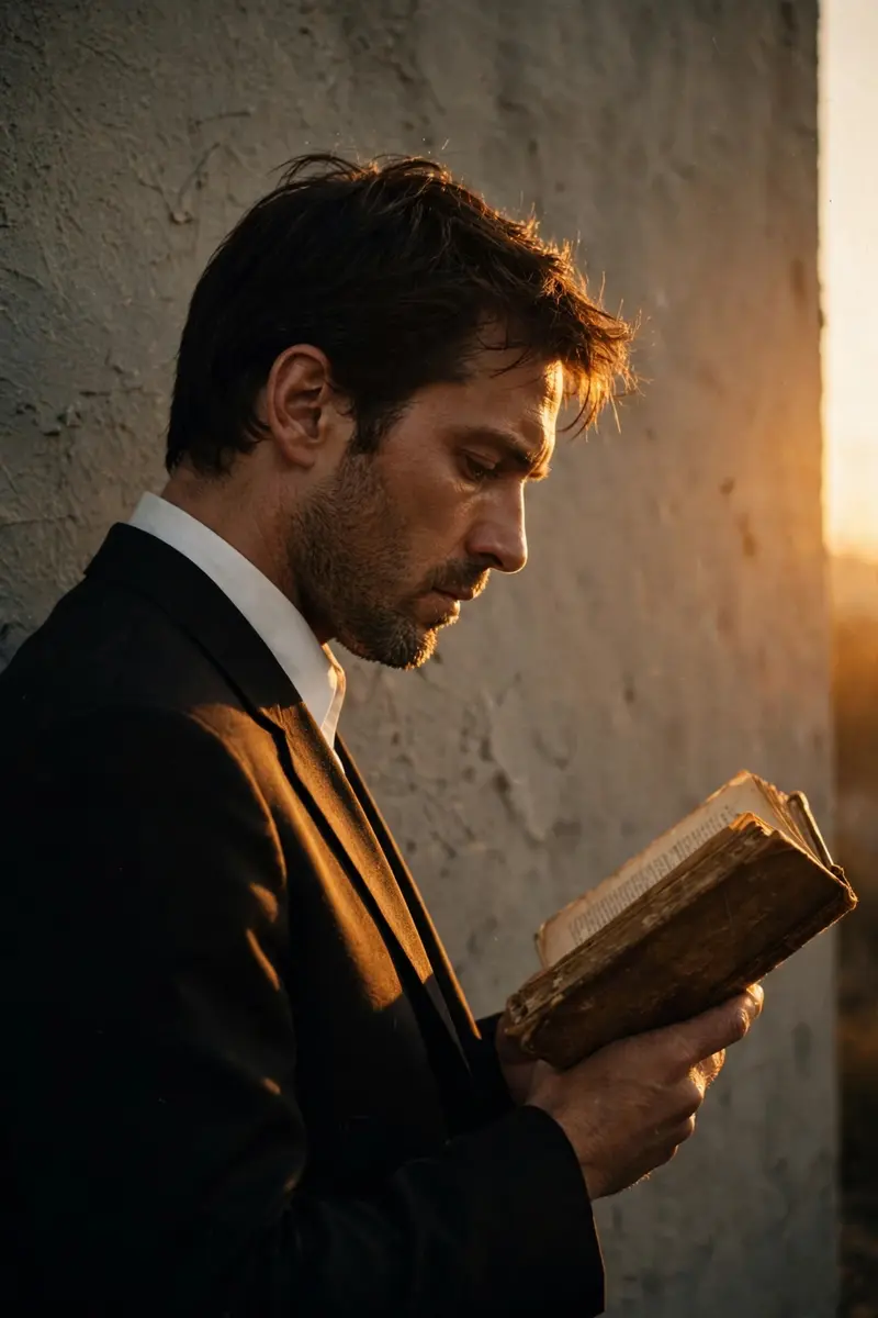 The man is dressed in a sophisticated black suit with a crisp white shirt, creating a sharp contrast. He is holding an old book, engrossed in