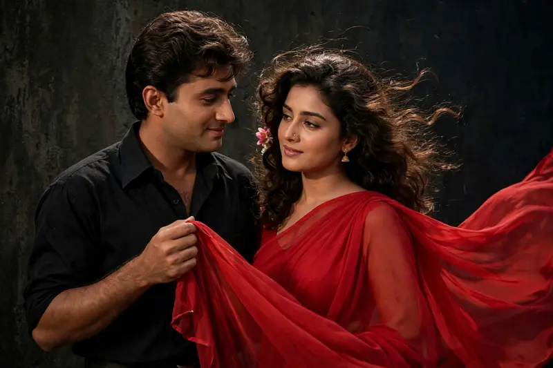 He will be holding my saree palu in his hand, dressed in a retro style with a black shirt, carrying a Dev Anand-inspired look. I will be in a perfect