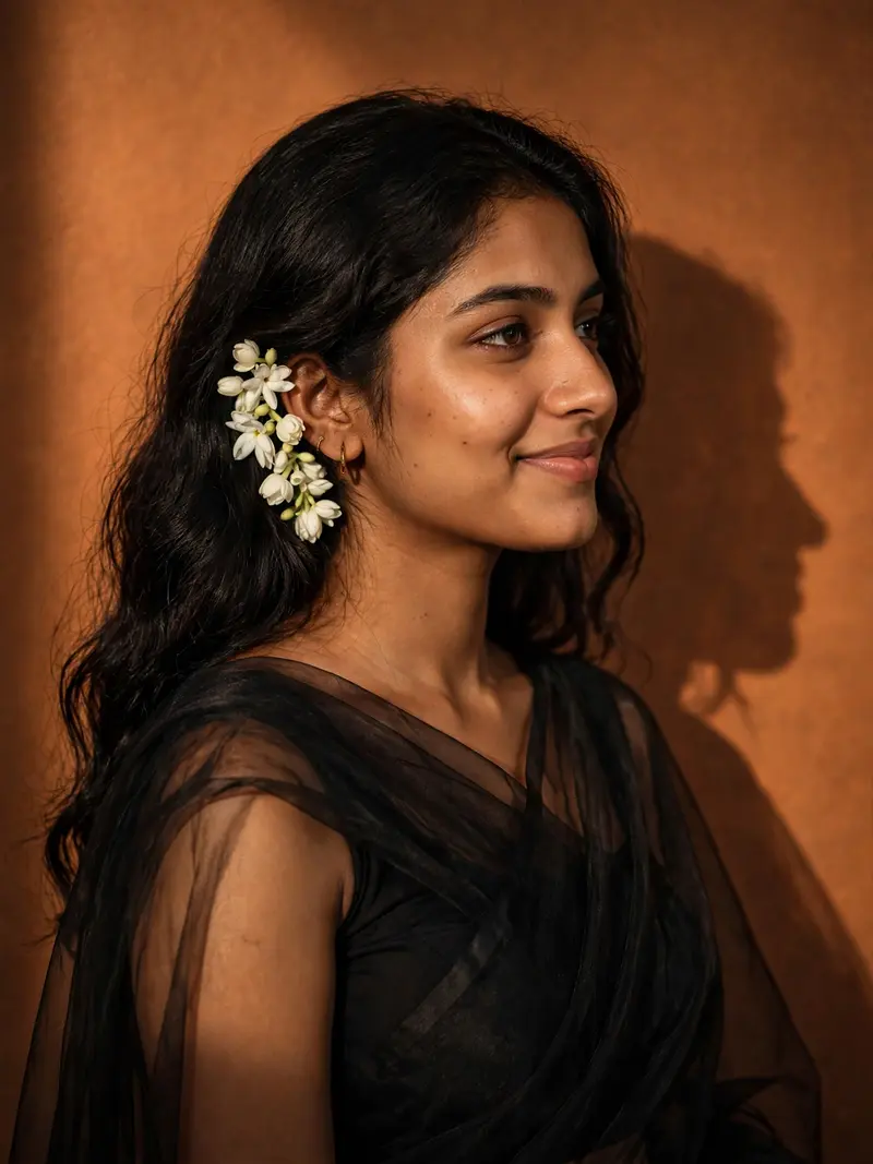 Ultra-realistic HD portrait of a young Indian woman with long, dark, wavy hair, styled with white jasmine flowers tucked behind her right ear. She is