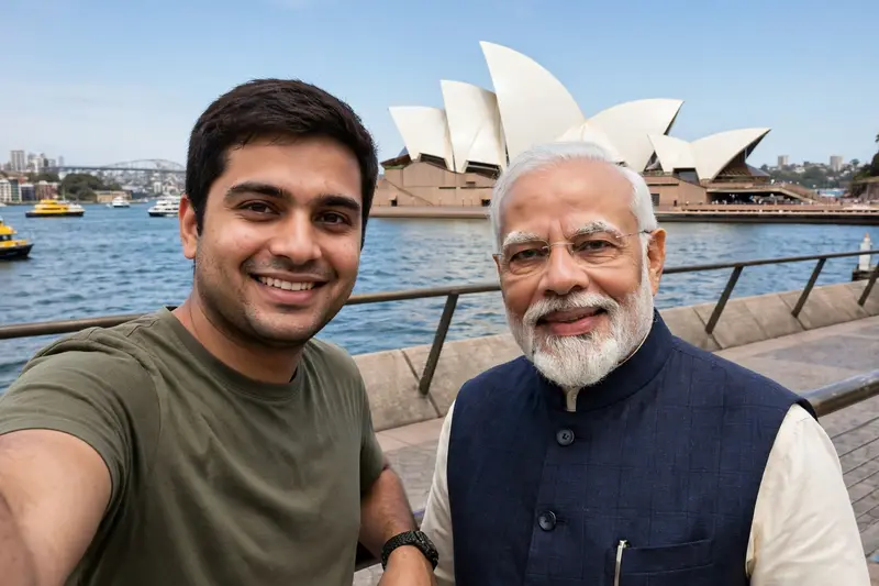 Make this photo a selfie with Narendra Modi in Sydney near Opera House. I am in casual outfit and Modi ji is in kurta pajama with jacket. The Opera