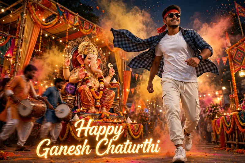 Ultra-realistic cinematic portrait of making a heroic entry during Ganesh Chaturthi. Grand Ganesh idol, festive pandal, dhol players, gulal in air