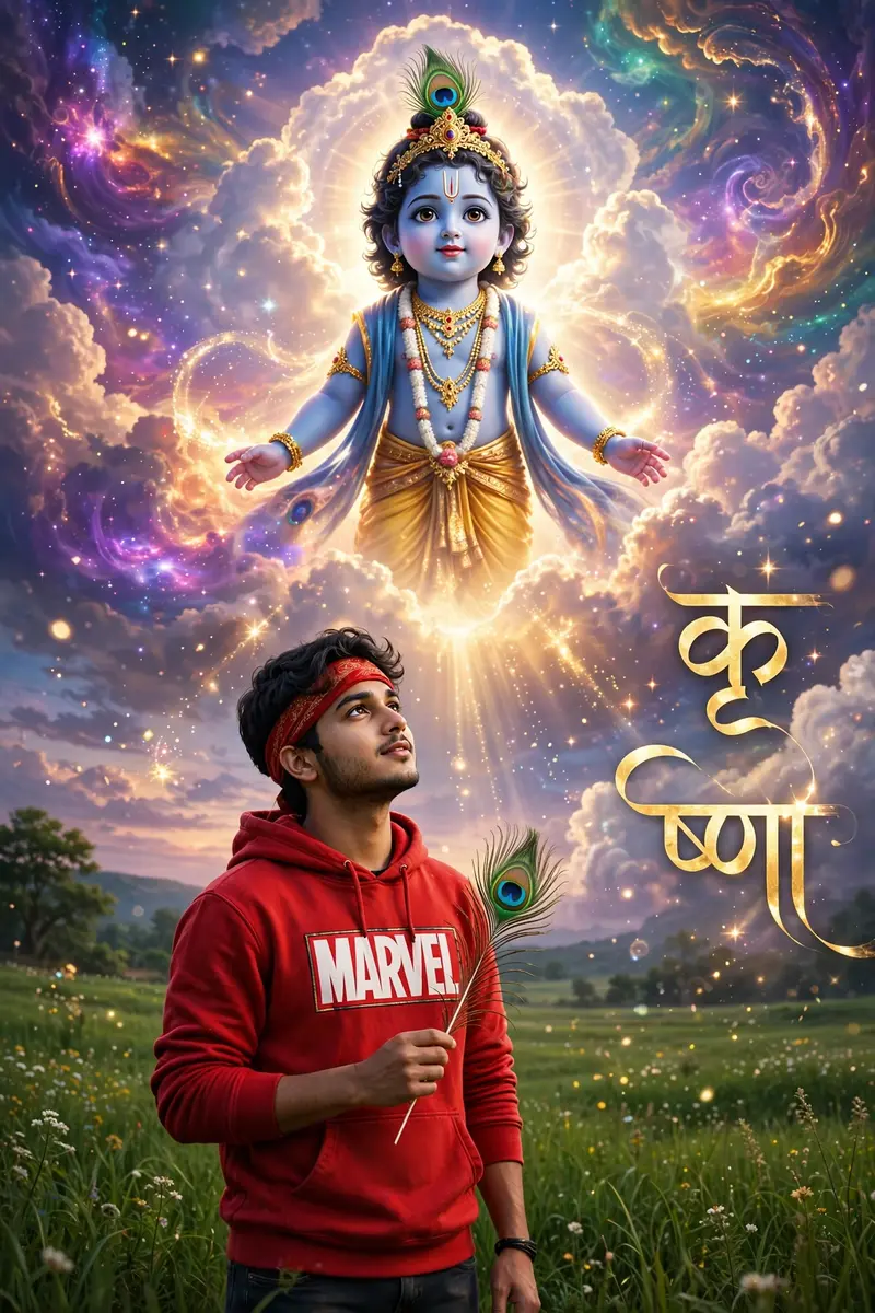 Create a digitally edited fantasy-style portrait of a young man wearing a red Marvel hoodie, standing in a green field. He is holding a peacock