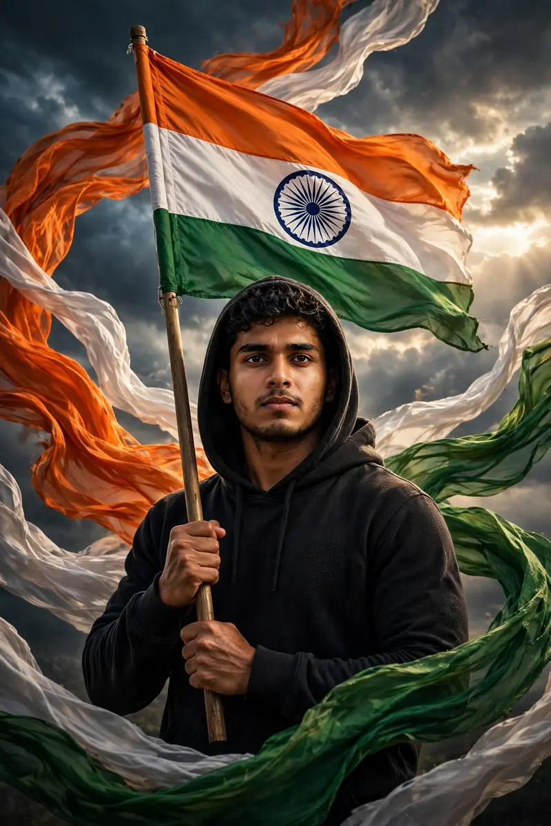 A powerful and patriotic portrait of a young Indian man standing proudly with the Indian national flag. He is wearing a black hoodie and has the