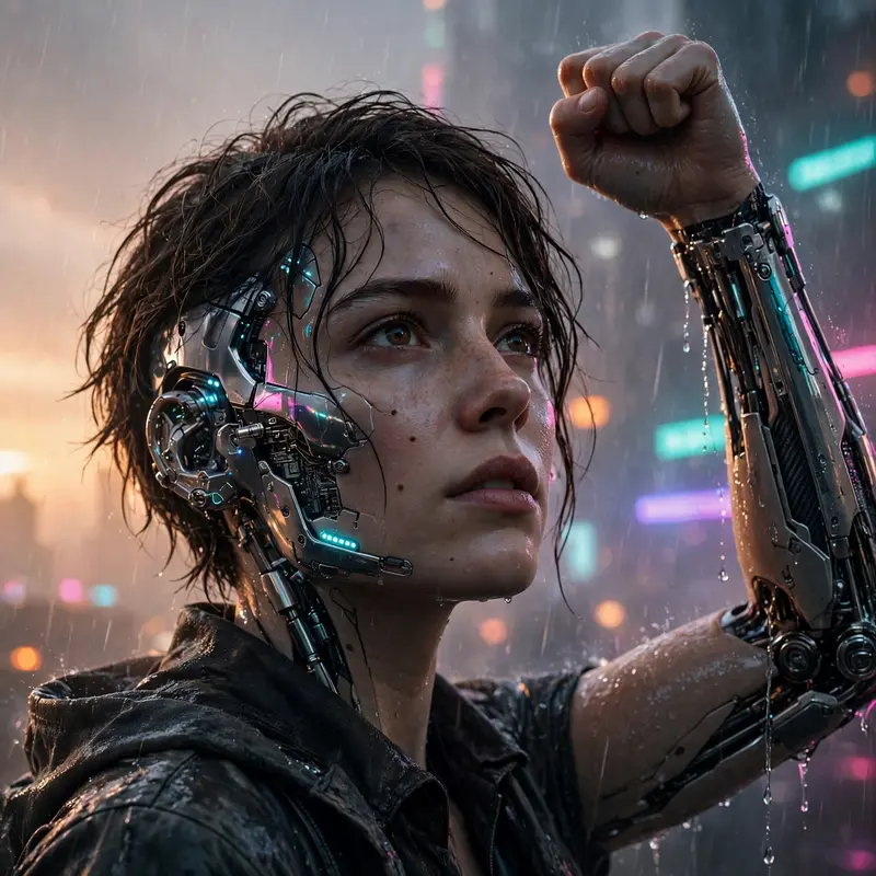 sci-fi render portrait of an android revolutionary raising a fist at dawn, half-lit by the city's glow. Rain-streaked neon reflections sculpt the