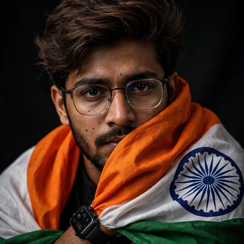 A , emotional portrait of a young Indian man a well groomed beard and stylish brown hair. He is wrapped in the flag of India, he is wearing a