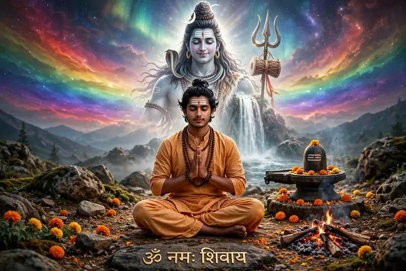 A hyper-realistic cinematic image of a handsome 20-year-old Hindu boy in deep meditation, wearing traditional saffron dhoti and kurta. Sacred ash