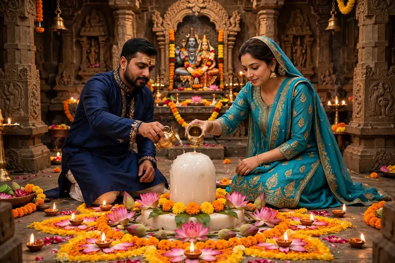 A traditional Indian couple performing Shivling Abhishek in a beautifully decorated temple. The woman is wearing a turquoise blue ethnic suit with