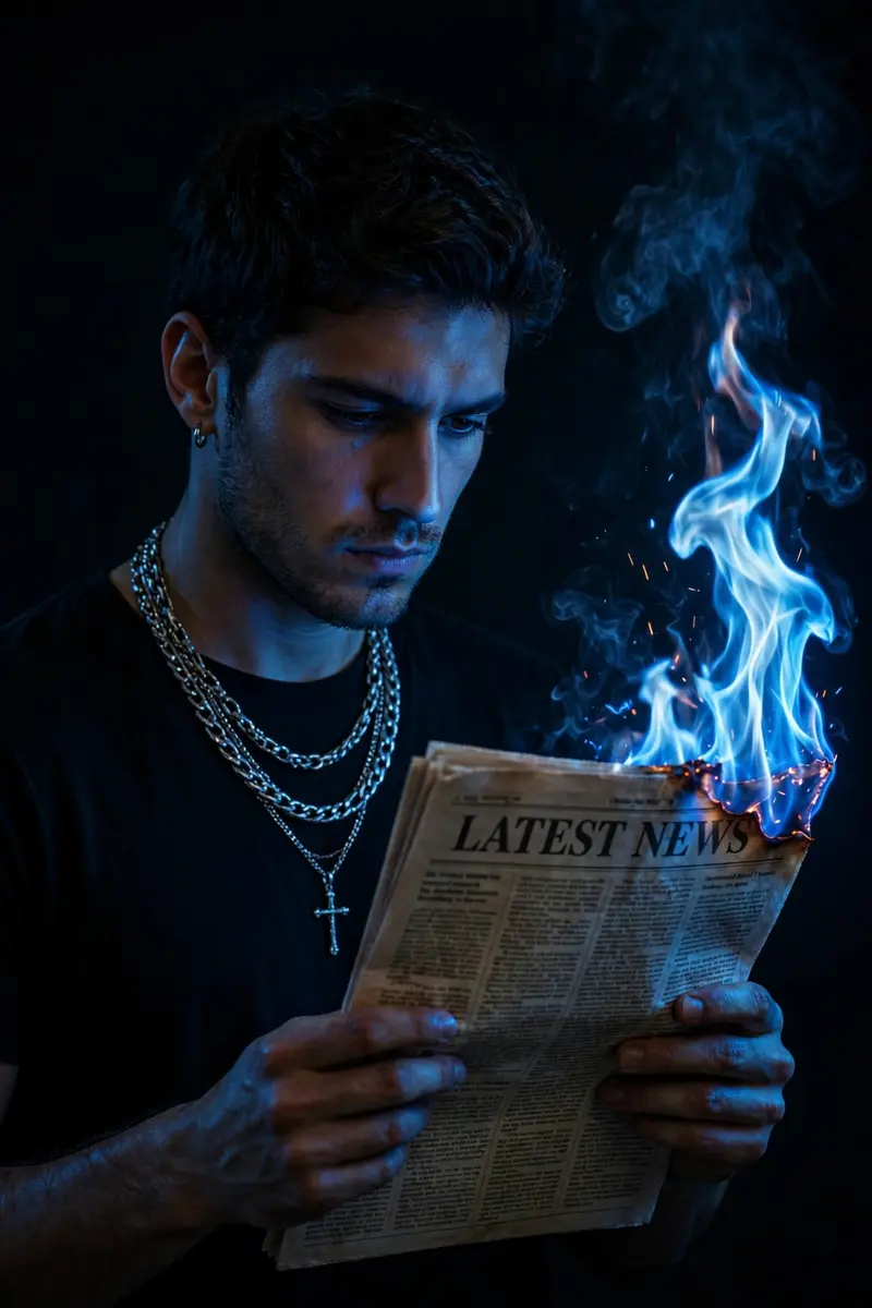 Person standing against a black background. The person is holding a newspaper labeled ‘LATEST NEWS’, which is partially on fire at one corner, with