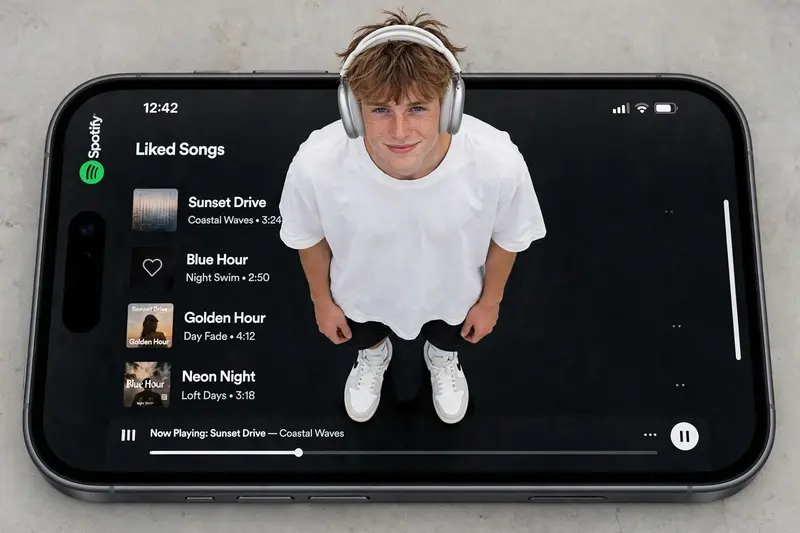 A stylish photo of me (uploaded photo as reference) as young mate model with messy comma hair stands on a giant iPhone 16 screen showing a Spotify