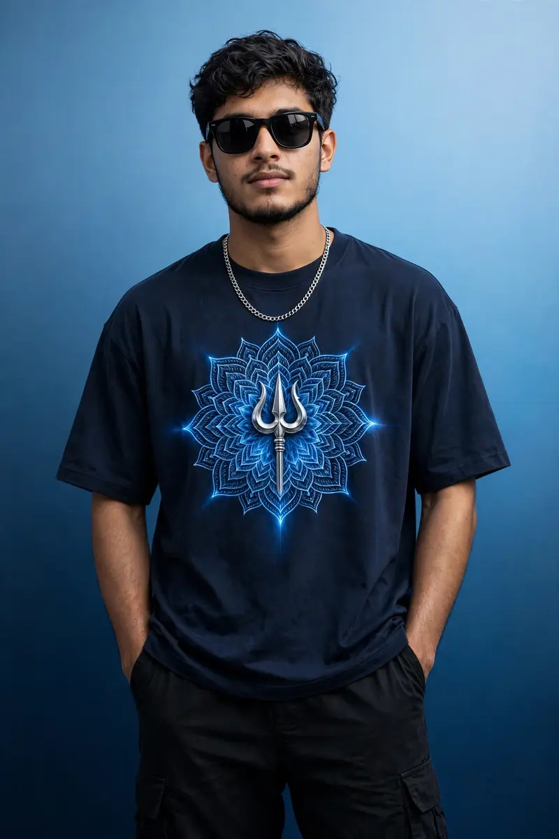 Ultra-realistic portrait of a confident young man wearing a dark navy oversized streetwear t-shirt with a glowing blue mandala parn and a silver