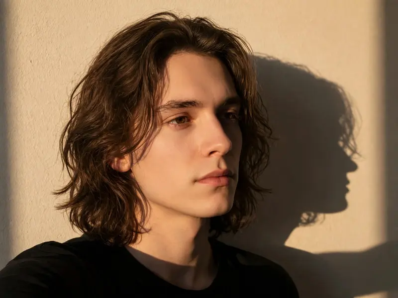 Create a moody, mysterious portrait using my selfie. Keep the same lighting, background, and camera angle as the reference: warm golden-hour sunlight