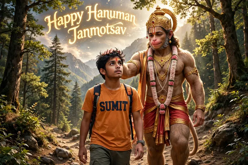 A realistic 20-year-old young boy, wearing a saffron T-shirt with ‘SUMIT’ clearly printed in bold, walks on a mountain trail. Lord Hanuman appears