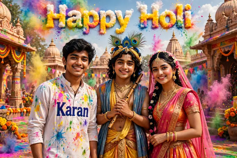 Create a realistic image in which, a realistic 19 year old boy with Lord Krishna and Radha wearing a colorful white kurta with his name "Karan"