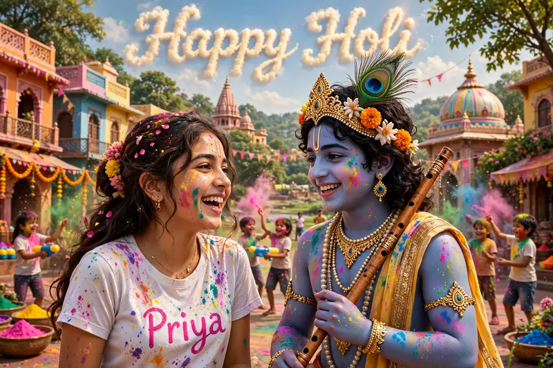 highly detailed and realistic 3D image depicting a 20-year-old Girl joyfully celebrating the Holi with Lord Krishna in the vibrant setting of Mathura