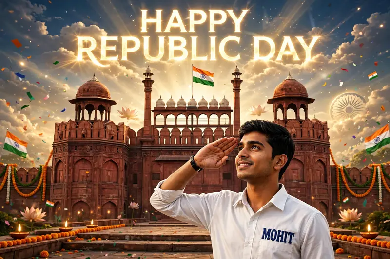 Create a 3D image of 21 years old boy is wearing White color shirt and saluting to indian flag and behind him red fort placed and hoisting flag on