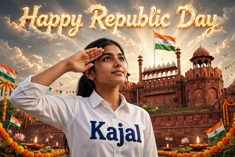 Create a 3D image of 18 year old indian beautiful girl is wearing White color shirt and saluting to indian flag and behind her red fort placed and