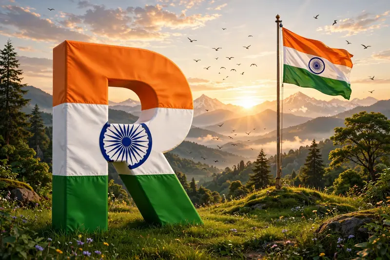 Create a vibrant and colorful 3D-rendered scene featuring the letter 'R' designed in the style of the Indian flag. The top of the 'R' should have