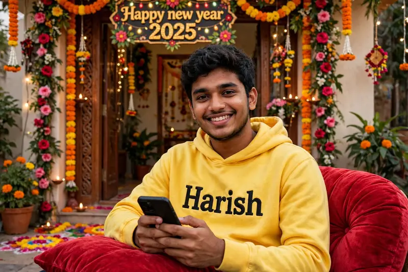 create real picture of 20 year old Indian boy is seated comfortably on a plush red custhion.he is wearing a yellow hoodie with his name 'Harish' is