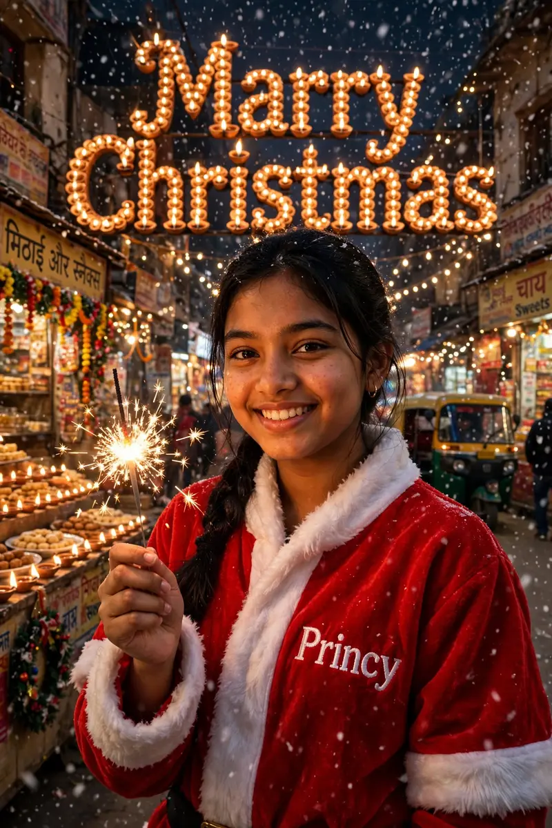 "A realistic portrait of an 18-year-old Indian girl celebrating Christmas on an Indian street. she's wearing a senta clothes with Princy written on